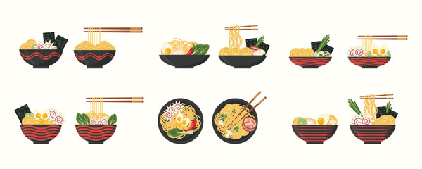 Large vector set of ramen illustrations in dark plates. Asian Japanese traditional food. noodles. elements for banners, posters, printed products, advertising, branding