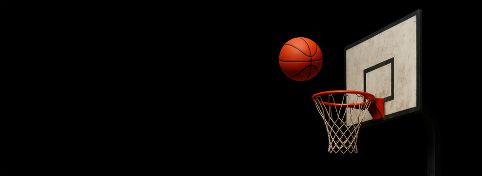 "Basketball Ascending Towards Hoop in Dramatic Spotlight"