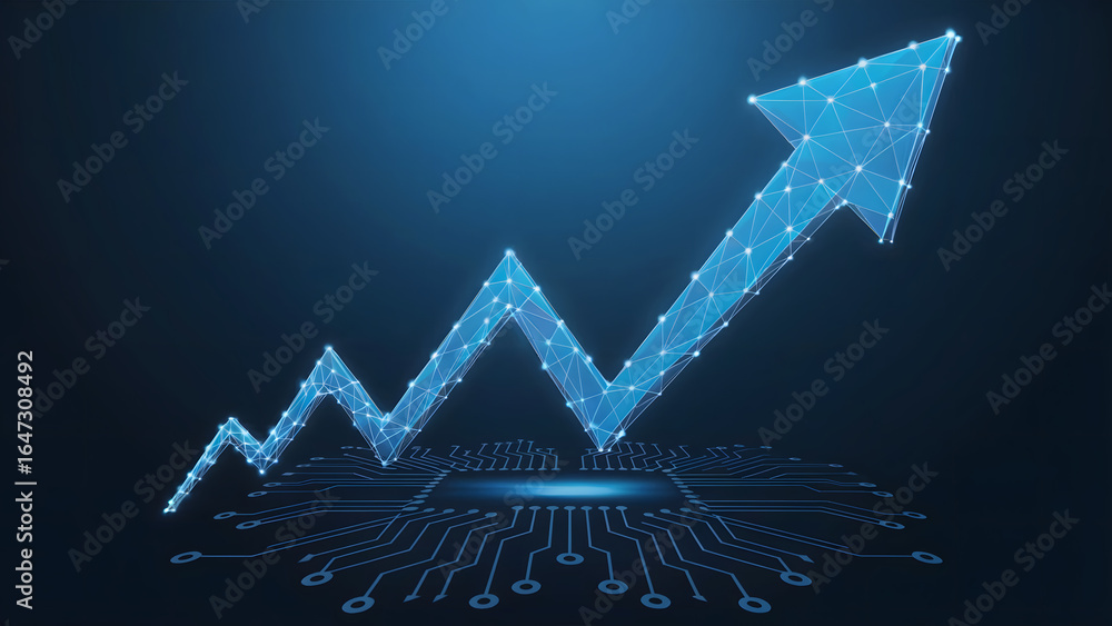 Poster blue polygonal arrow pointing upward over a circuit board on a dark blue gradient background