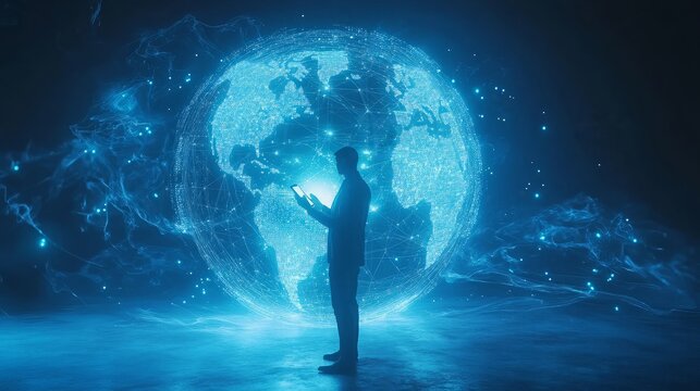 Digital marketing media (website ad, email, social network, SEO, video, mobile app) in virtual globe shape diagram.Waves of blue light and businessman using on smartphone as concept