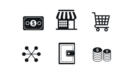 Set of shopping and finance icons including money cart wallet coins and store
