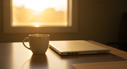 White Mug and Laptop on Wooden Table in Golden Sunlight