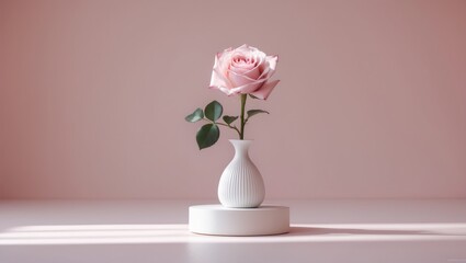 A pink rose in a white vase on a round white surface against a pink background.