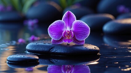 Vibrant purple orchid flower resting on smooth black stones in water with reflections and a soft purple background.