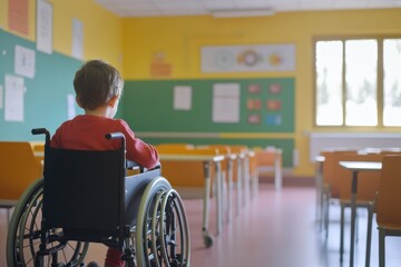 Inclusive classroom environment featuring child in wheelchair participating in learning