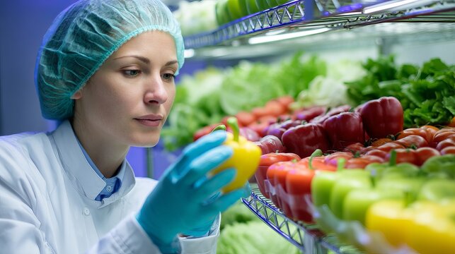 Female scientist examining fresh vegetables in a lab setting with vibrant colors.