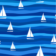 White sail boats in the blue sea. Stylized marine striped background. Seamless vector pattern.
