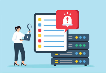 Flat illustration of data security expert inspecting security logs with alert notifications popping up