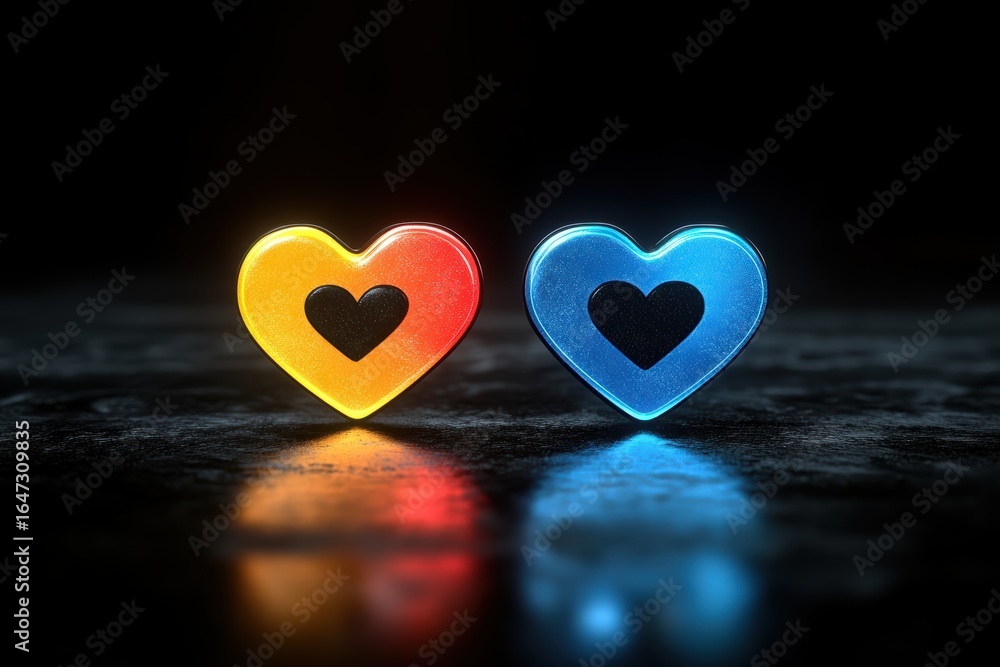 Poster colorful heart icons with share buttons on a dark background in digital design
