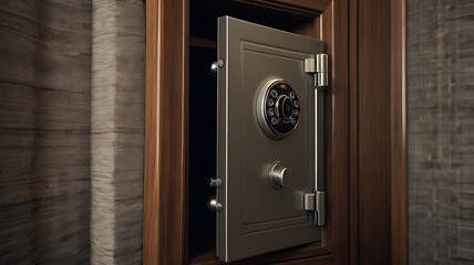 Fototapeta premium A partially opened safe with a digital lock mounted in a wooden frame against a stone wall backdrop