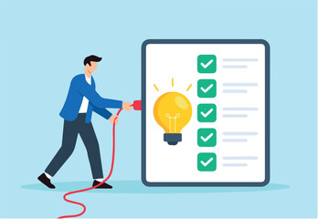 Flat illustration of remote worker plugging cables to light up checklist board with glowing bulb as symbol of productivity and task completion