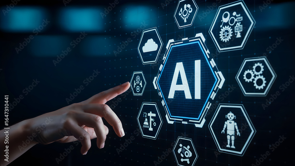 Poster a hand touches a screen displaying ai and various technology related icons on a dark background