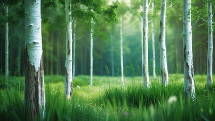 Sparse forest of birch trees with lush green grass and foliage. Peaceful woodland scene, natural landscape, tranquility, and vibrant greenery.