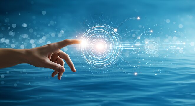 A hand reaches out to touch a glowing digital interface, set against a water background.