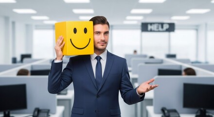 Caucasian man holding a yellow smile box cube next to his face in an office setting. Customer service and business support concept.