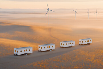 Obraz premium Group of off-grid tiny houses on dry open land with windmills in background