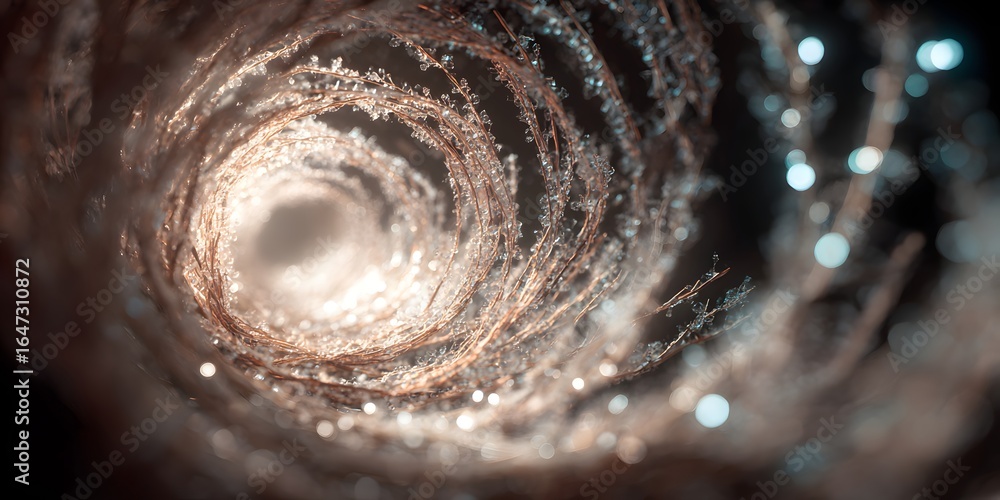 Aufkleber glowing spiral tunnel of frost-covered branches with bright light and bokeh effect