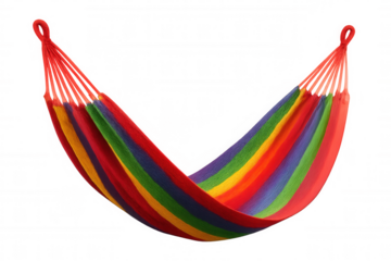 Vibrant striped hammock suspended against clean backdrop, symbolizing summer downtime and peaceful resting moments