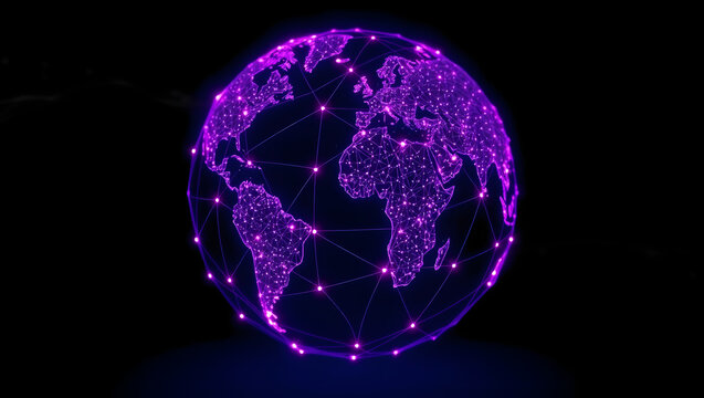 An illuminated digital representation of planet earth, glowing purple
