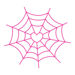Pink spider web with heart in the middle. Editable stroke. Halloween theme for banner, icon or party decoration. Outline heart shaped doodle drawing. Vector illustration isolated on white background.