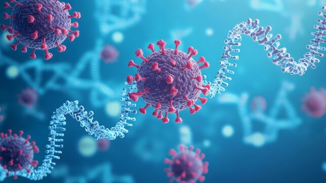 Digital illustration of macro Covid-19 cells floating with medical icons and DNA strains on blue background. Coronavirus Covid-19 pandemic concept digital composite