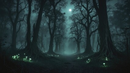 Dark forest scene at night with glowing mushrooms, tall trees, and a bright moon overhead. Mystical and eerie atmosphere.
