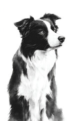 Fototapeta premium Black and white portrait of a Border Collie looking upwards with watchful eyes