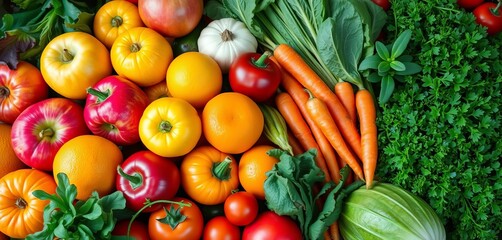 Vibrant assortment of fresh produce, including apples, oranges, carrots, and leafy greens,  vegetables,  crunchy