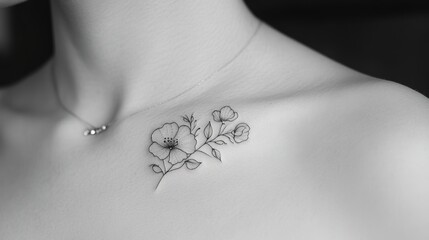 Small flower tattoo on the collarbone in line art.