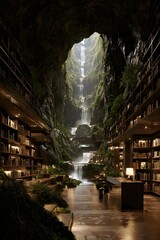 Unique Cave Library with Multi-Tiered Waterfalls and Lush Greenery