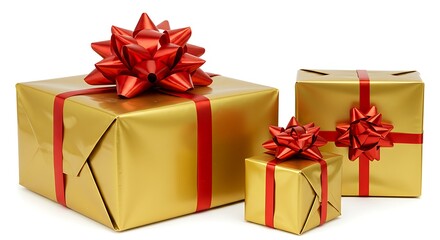 Fototapeta premium Three gold gift boxes with red ribbons and bows, varying in size, arranged on a white background.