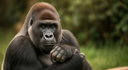 Obraz premium Contemplative Silverback Gorilla Relaxing in Natural Green Habitat
