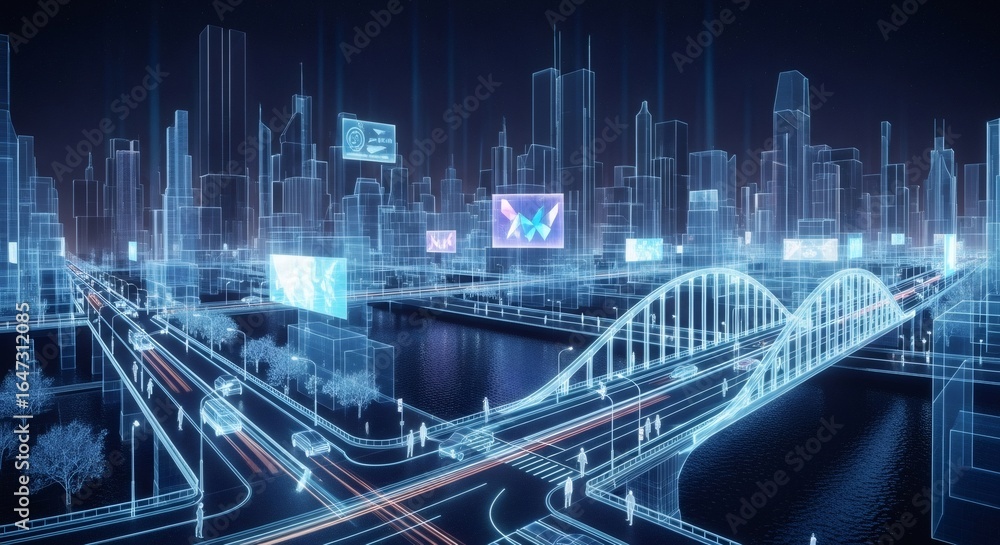 Poster smart city with glowing wireframe architecture. digital overlay cityscape. network connection and in