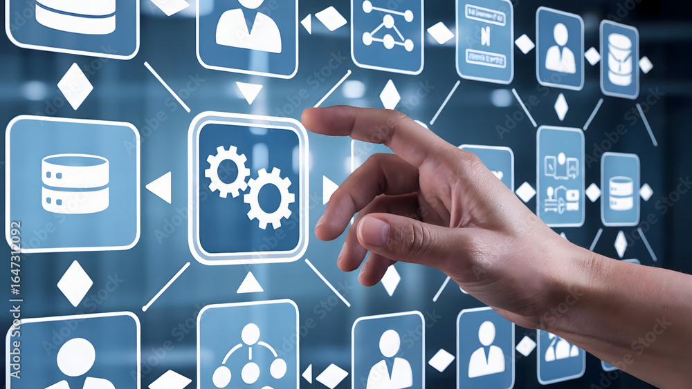 Poster a hand interacting with a digital interface featuring icons of databases and gears on a blue screen