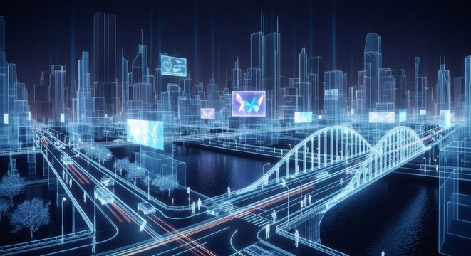 Smart city with glowing wireframe architecture. Digital overlay cityscape. Network connection and internet information concept.
