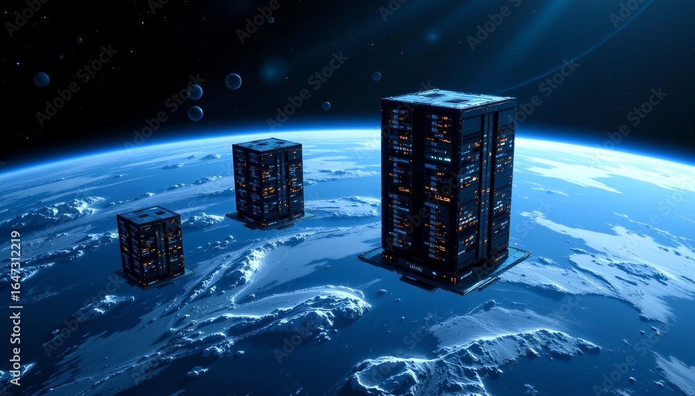 Poster three advanced data centers hovering above the earth, symbolizing technological progress and innovat