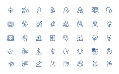 Editable creative icon collection: innovation, teamwork, business strategy, invention, design, discovery, brainstorming, personal computer, technology, idea, illustration, vector, pictogram and more.