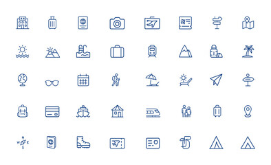 Travel and tourism icon pack featuring journey essentials: hotel, suitcase, passport, plane, camera, ticket, summer getaway, outdoor adventures, ferry, mountain, pool, family vacations and more.