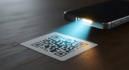 Smartphone Scanning Grey QR Code with Turquoise Light on Dark Brown Table