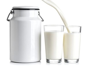 Milk pouring into glasses from can.
