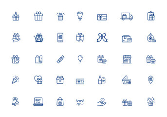Gift icon collection: birthday celebration, party, wrapping, bouquet, gift card, delivery, shopping, smartphone, personal computer, online order, ribbon, package, Christmas and more.