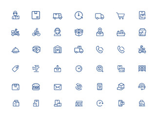 Editable delivery icon set featuring courier, parcel, food delivery, shipping, shopping cart, logistics, smartphone orders, catering, warehouse, scooter, bike, and operator management and more.