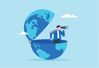 Flat illustration of smart businessman open globe using binoculars searching future international business opportunities world economic vision