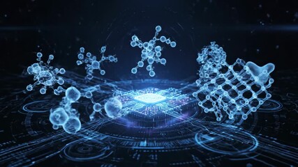 Quantum Computing Processor: Exponential Processing Power - A central processing unit (CPU) is shown with abstract molecules orbiting it, representing the power and potential of quantum computing to - Powered by Adobe