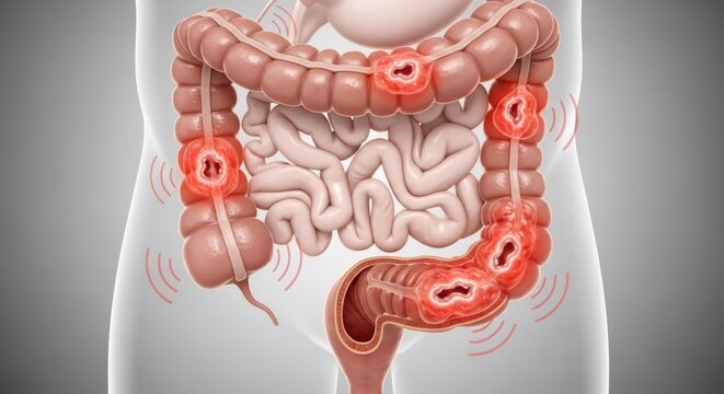 Computer graphic of the digestive system with inflamed large intestine. Medical illustration of colon internal organs and diseases.