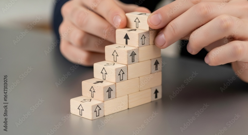 Poster man arranging wooden blocks into an ascending staircase shape, symbolizing step-by-step business pro