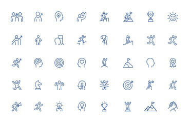 Positive motivation line icons with editable stroke, teamwork, personal growth, challenge symbols, vector illustration for inspiration, success, leadership, goal setting, achievement and more.