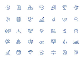 Business strategy and project management icons with editable stroke, marketing vector illustration, workflow planning, analytics, teamwork, growth, development, organization and more.