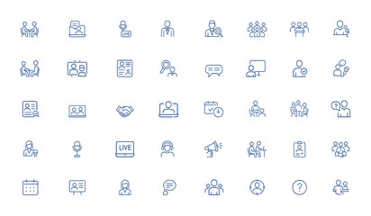 Job and Communication Icons — Editable Stroke Interview and Media Vector Illustration for Recruitment, Employment, Broadcasting, Teamwork, Candidate, Hiring, Presentation and more.