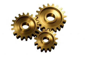 Interlocking golden metallic gears rotating smoothly, representing collaborative engineering precision against transparent backdrop